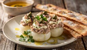 Cipolle tonnate cremosissime con scrocchiarella croccante: l’antipasto da preparare anche in anticipo